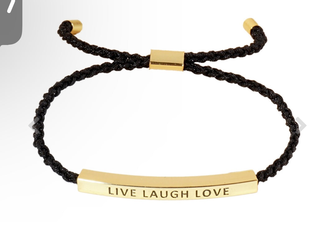 Gold Dipped LIVE LAUGH LOVE Message Bar Pointed Rope Adjustable Cinch Pull Tie